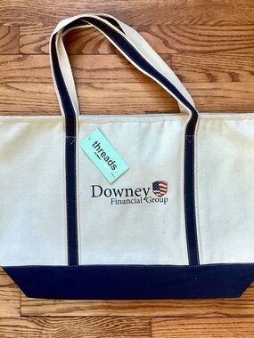 Large Canvas Boat Tote Bag Natural Navy Zip Top Heavy Duty Shopping Beach NWT